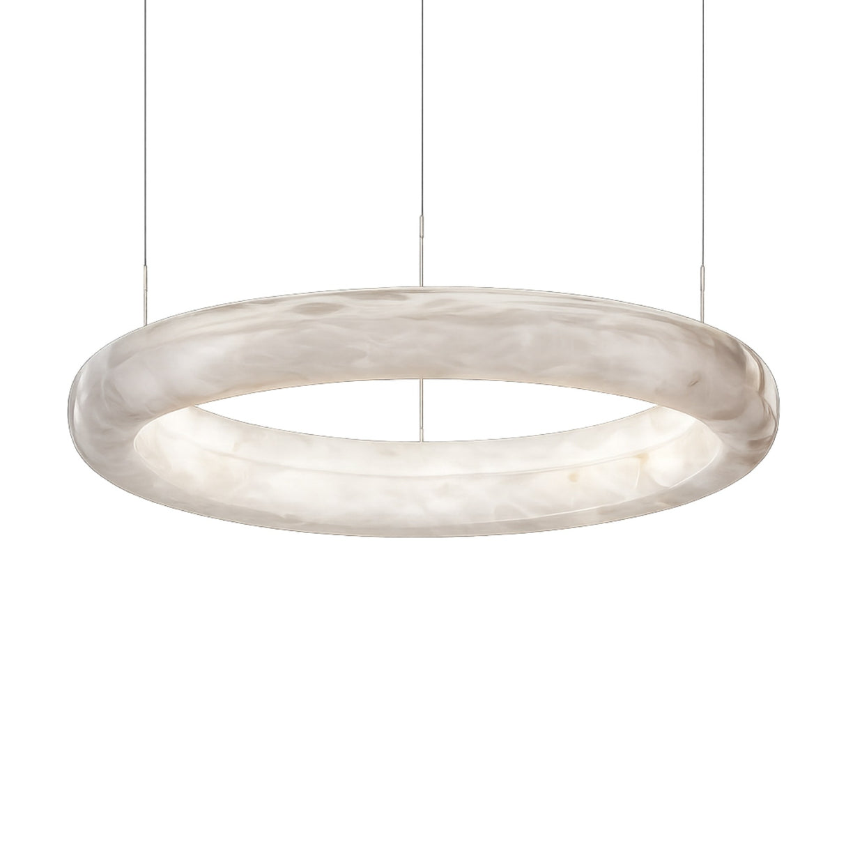 The Aurexis LED Floating Ring Alabaster Suspension Light - Soft White features a modern, circular design with a translucent, marble-like Spanish alabaster finish, suspended by three thin wires for an elegant ambient glow.