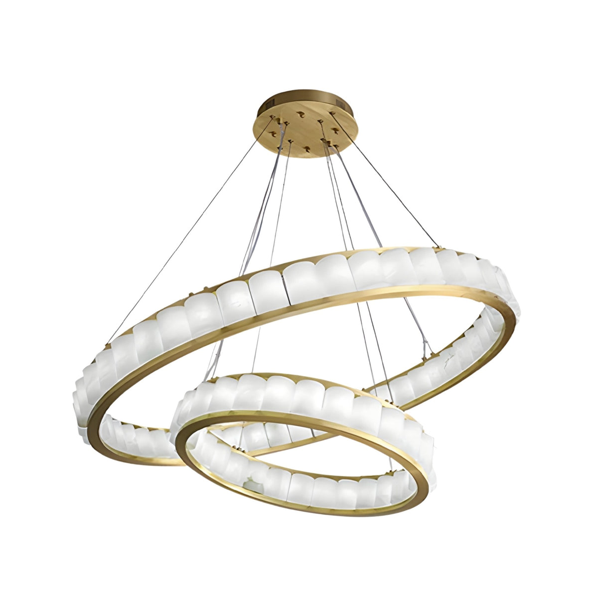 The Orion 48 Light 2 Tier Ring Alabaster Chandelier in soft white and brushed brass features interlocking rings lined with alabaster shades, suspended by thin wires for a sculptural, modern lighting statement.