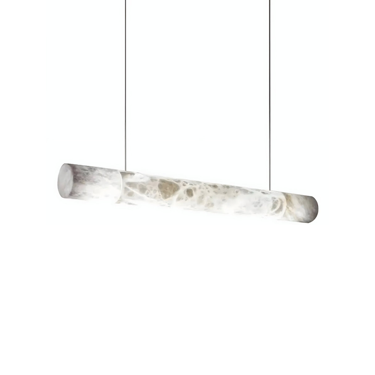 The Zareon LED Small Linear Alabaster Suspension Light – Soft White features a modern cylindrical alabaster shade, suspended horizontally by two thin cables, and emits soft white linear lighting.
