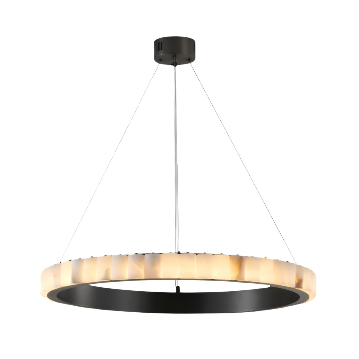 The Lucenza LED Large Halo Ring Alabaster Chandelier in Matte Black features a sleek black inner ring, glowing alabaster outer edge, and is suspended from the ceiling by three slim wires.