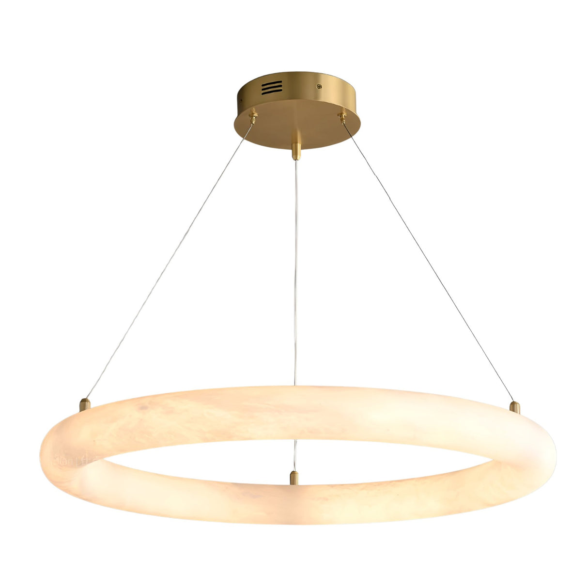 The Seraphis LED Extra Large Alabaster Chandelier - Soft White showcases a glowing ring of natural Spanish alabaster, elegantly suspended by three slender wires from a round gold ceiling mount.