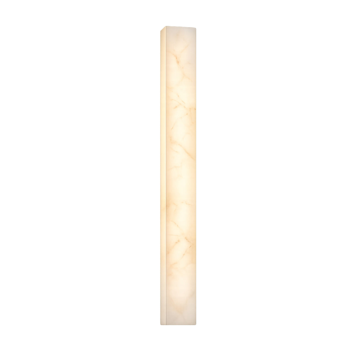 The Aureline LED Extra Large Sculpted Column Alabaster Wall Light in Soft White features a tall, rectangular design that emits a soft, warm glow through its translucent, marble-like alabaster surface.
