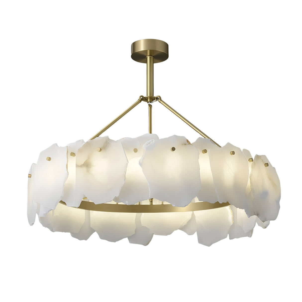 The Marvion LED Large Petal Alabaster Chandelier features a brass frame with frosted, irregular glass panels in a circular design, blending modern elegance with Spanish alabaster lighting style in soft white.