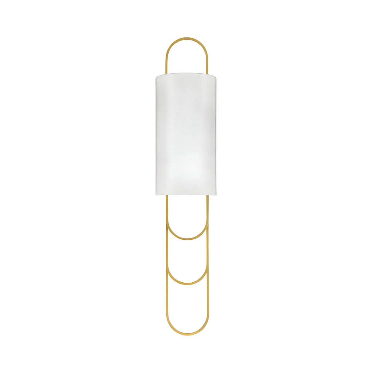 The Catenis 2 Light Large Loop Frame Alabaster Wall Light features a cylindrical soft white shade and a brushed brass large loop frame extending above and below, shown against a white background.