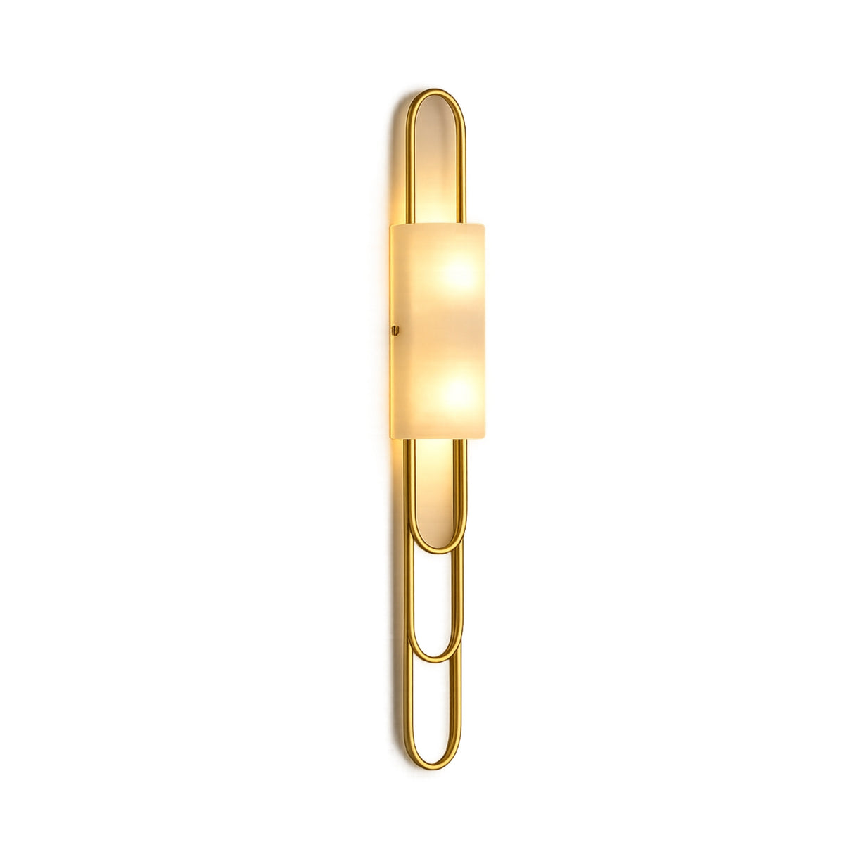 The Catenis 2 Light Large Loop Frame Alabaster Wall Light in brushed brass features a sleek vertical frame and a soft white alabaster shade, creating a warm, modern glow.