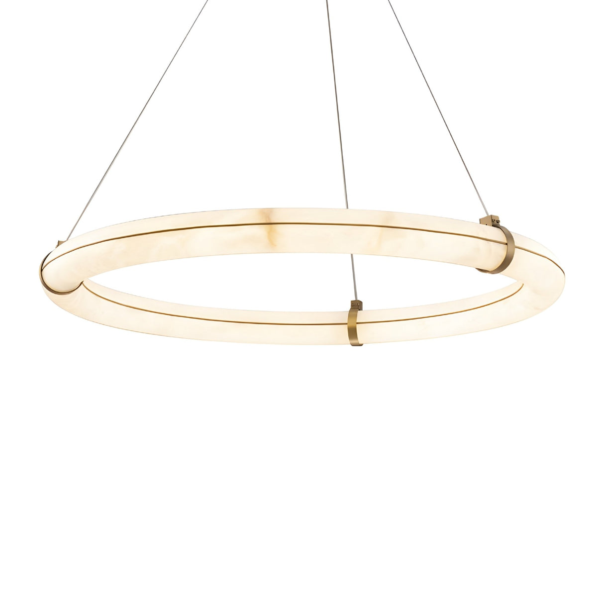 The Aureon LED Large Alabaster Circular Suspension Light – Soft White features a modern glowing ring design, suspended by three slim cables for a sleek, minimalist look.