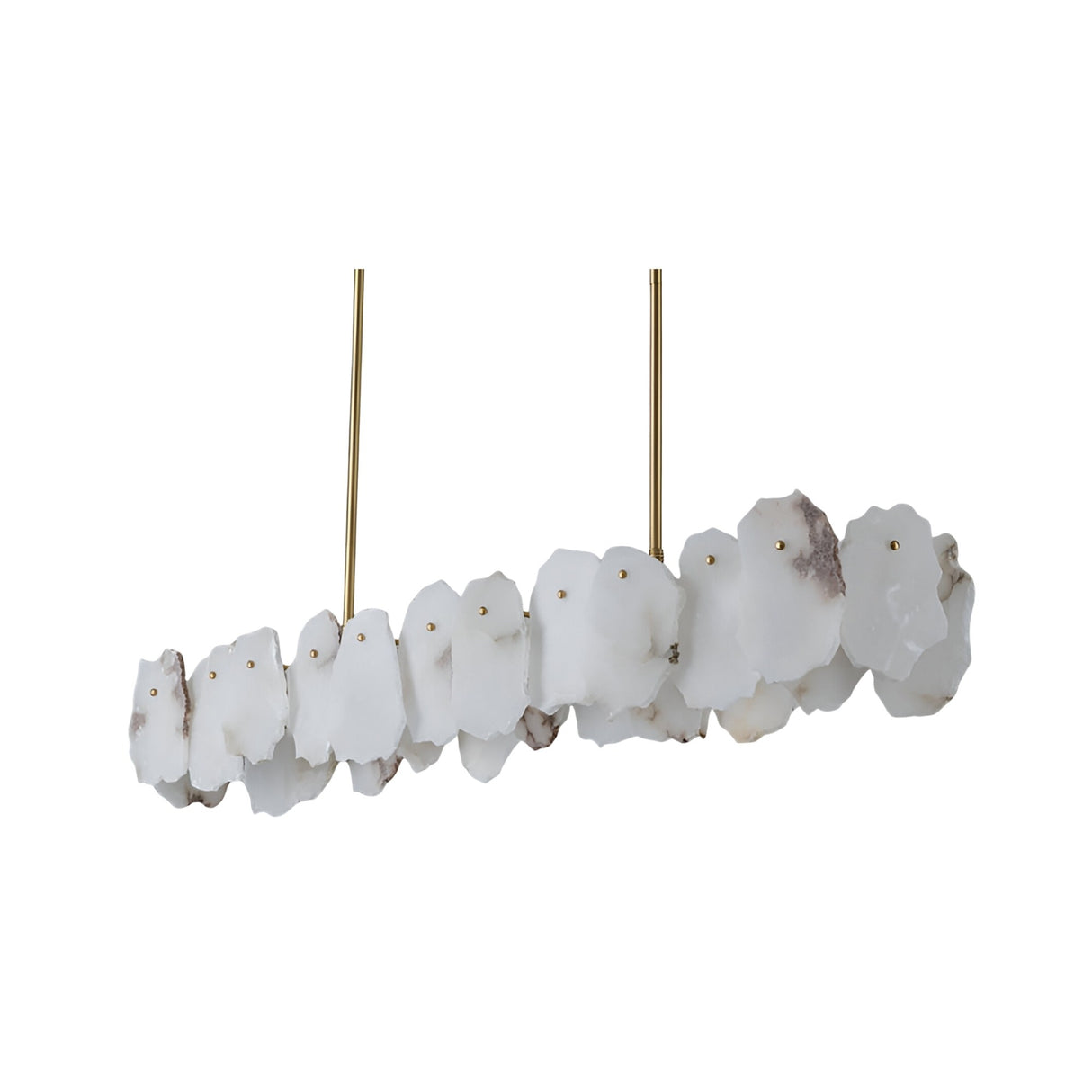 Niori Solvane LED linear chandelier with a row of irregular Spanish alabaster petals along a slim brass bar, suspended from two slender brass rods.