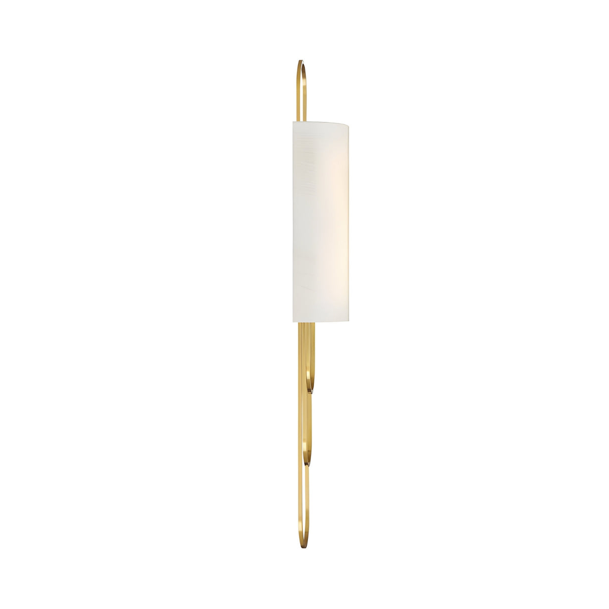 The Catenis 2 Light Large Loop Frame Alabaster Wall Light in brushed brass features a long, slim frame with an oval soft white shade, displayed vertically against a plain white background.