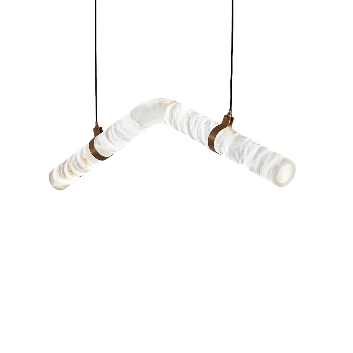 The Zareon LED Small Articulated Alabaster Suspension Light – Soft White features a modern V-shaped design with frosted cylindrical glass and dual black suspension cords attached to sleek metal brackets.