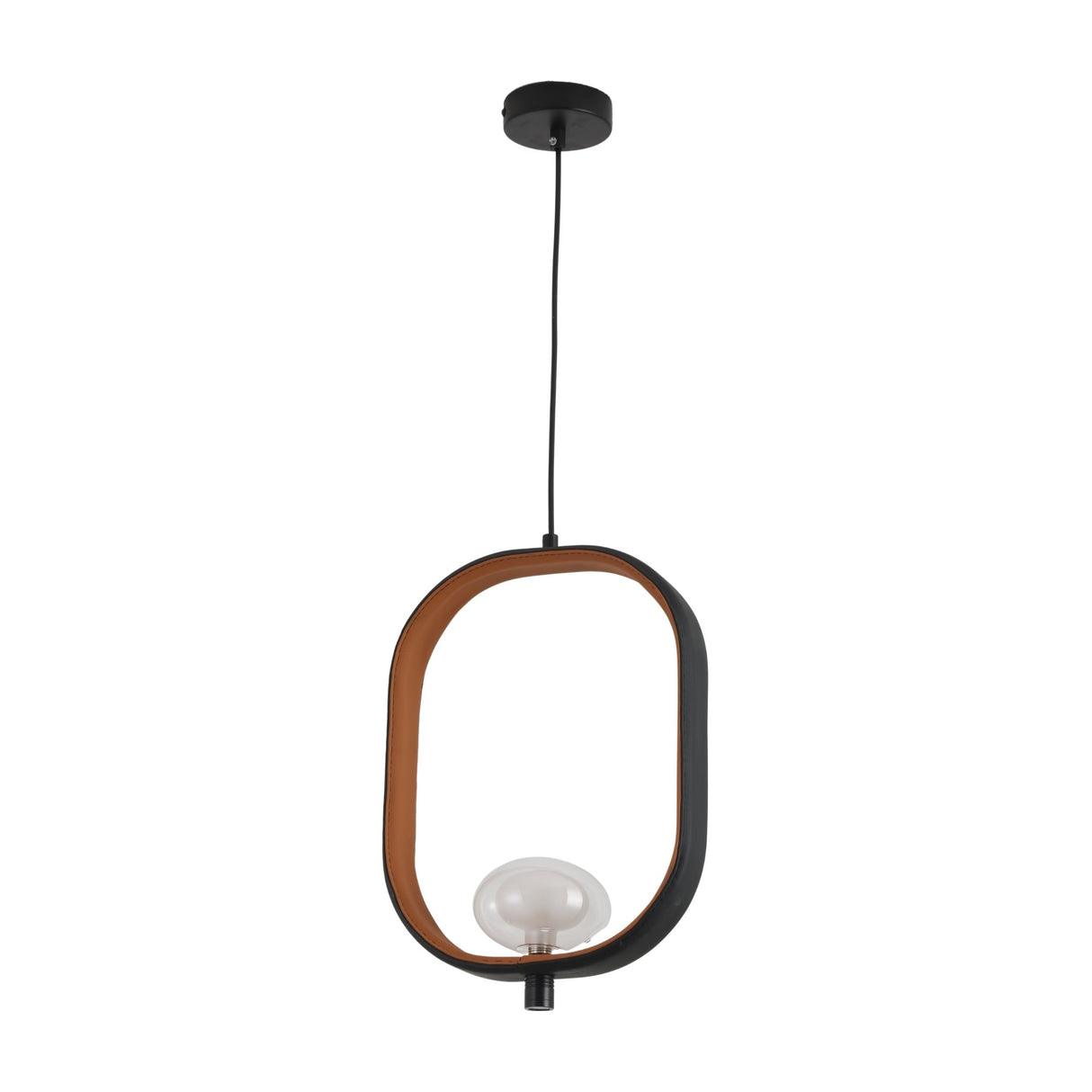 The Strappa Pendant Light - Grey/Black features a modern oval frame in black and brown, inspired by Chinese lanterns. Hanging from a black ceiling mount, it showcases a round exposed bulb suspended at the bottom center.