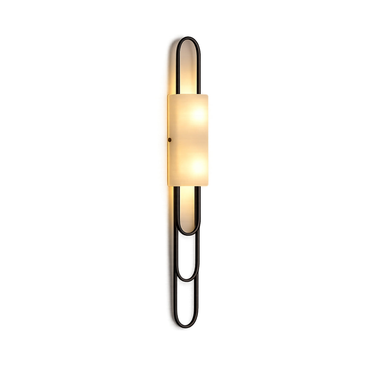 The Catenis 2 Light Large Loop Frame Alabaster Wall Light in matte black and soft white features a minimalist geometric design with a large loop frame and alabaster shade, emitting warm, diffused light for sleek sophistication in any space.