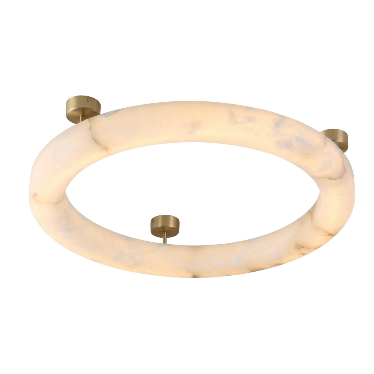 The Orbis Extra Large LED Alabaster Semi-Flush Ceiling Light – Soft White features a round alabaster-style ring with a soft glow, held by three gold mounts—an elegant modern fixture for contemporary spaces.