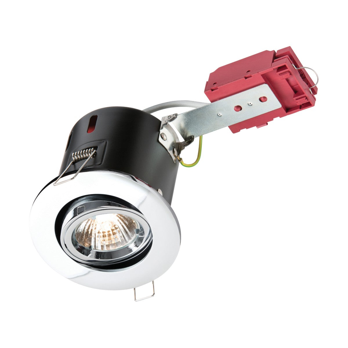 Introducing the Fire-Rated Tilt Downlight - Chrome, a ceiling light fixture with a modern circular design and a visible bulb. It comes with a red wiring component bracket, making it perfect for recessed ceiling installations.