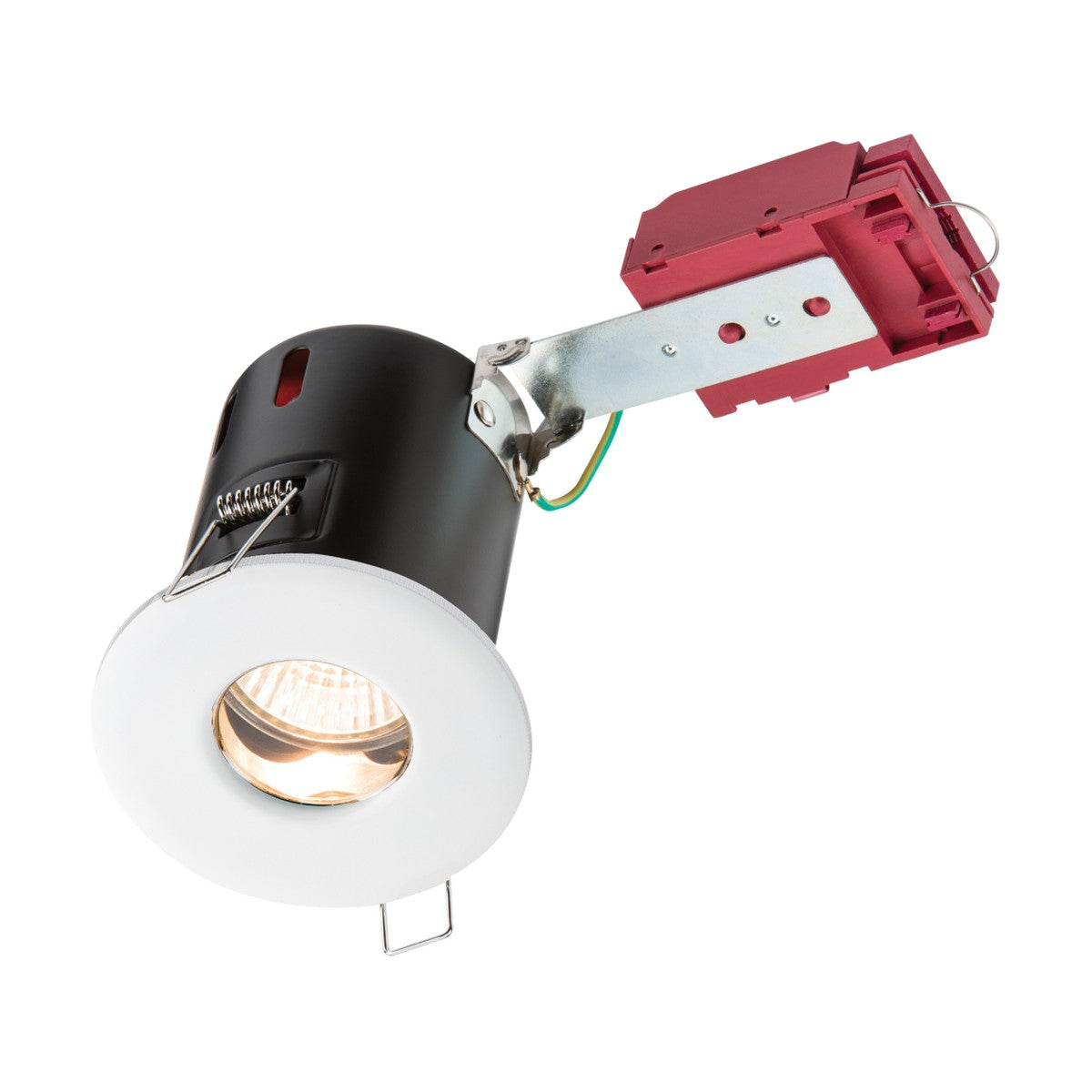 The Fire-Rated Shower Downlight - White is a recessed ceiling fixture with a white trim and black housing, featuring an exposed bulb and is connected to a red junction box. It includes a metal bracket for easy installation, making it ideal for indoor lighting. This design pairs well with GU10 insulation-compatible downlight setups.