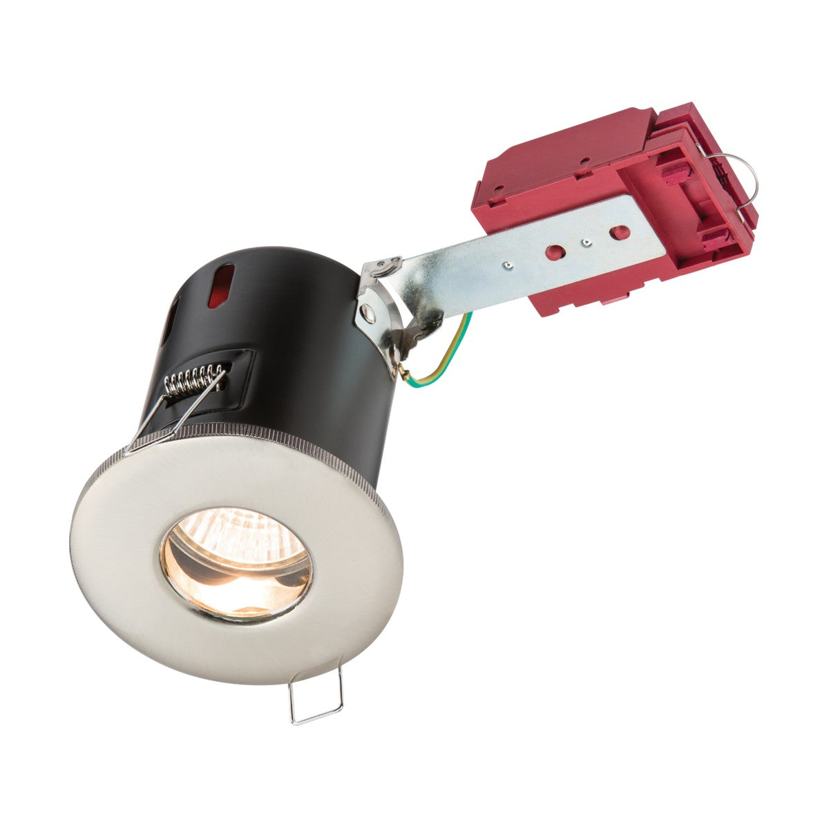The Fire-Rated Shower Downlight in Brushed Chrome features a metallic finish and a red housing component. This GU10 insulation compatible light is secured with a metal bracket and equipped with green and yellow wires, ensuring expert design for seamless ceiling installation.