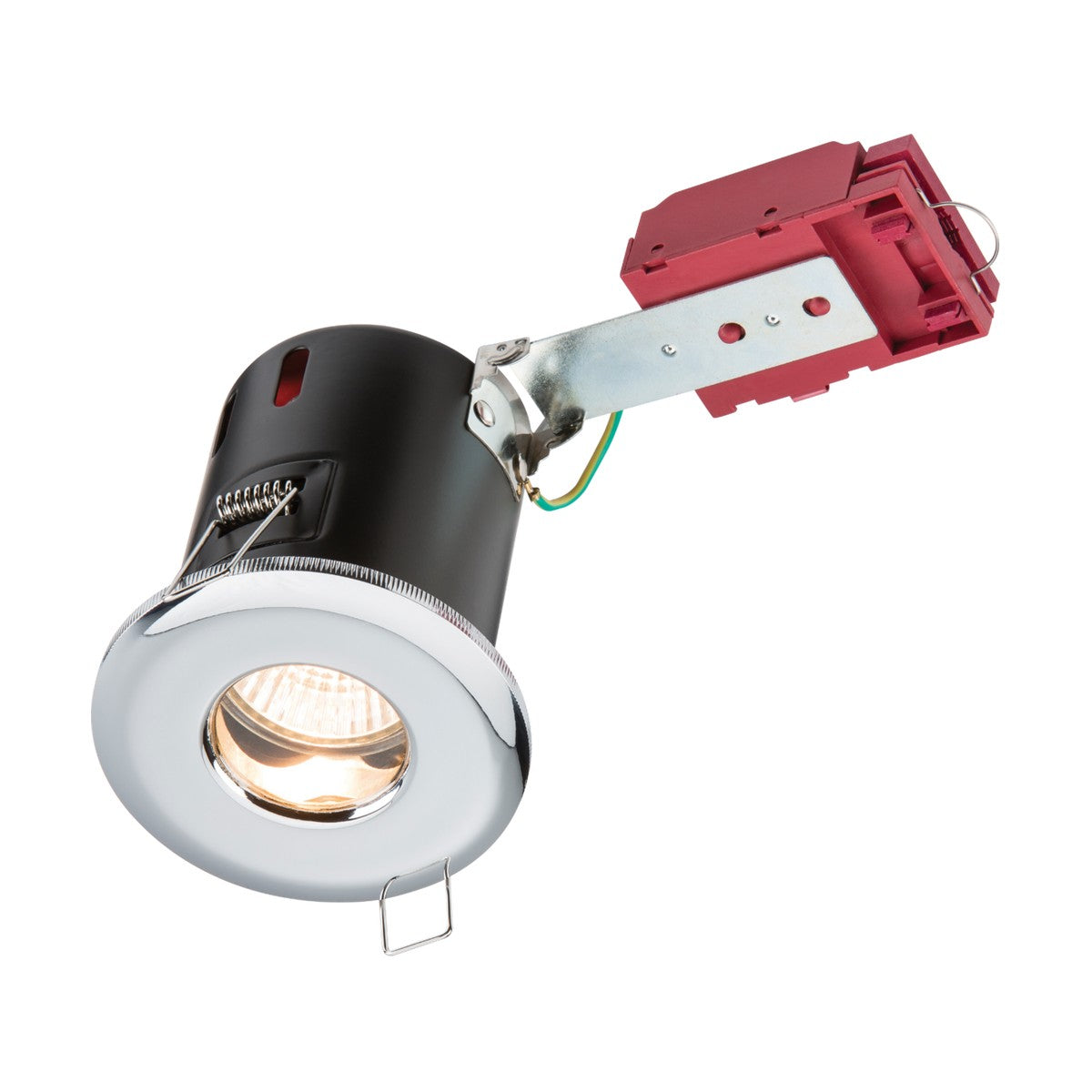 The image features the Fire-Rated Shower Downlight - Chrome, which has a circular chrome trim and a black casing. It includes a red electrical box attached by a metal bracket. This illuminated GU10 insulation-compatible light highlights its modern design, ideal for ceiling installation.