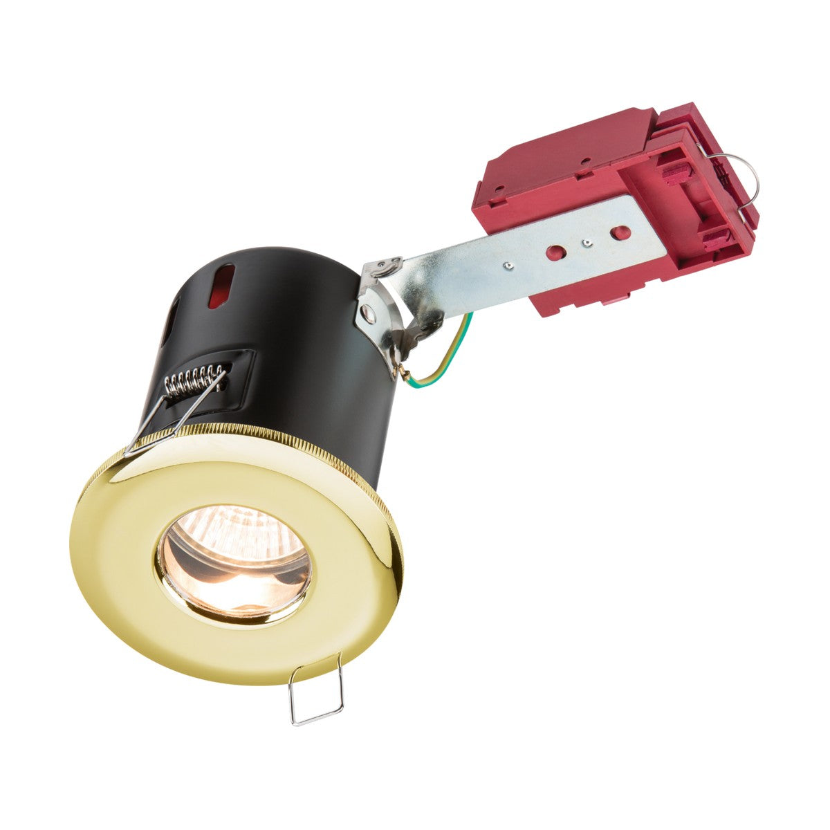 The Fire-Rated Shower Downlight - Brass features a stylish brass trim and black housing, an adjustable GU10 downlight holder, and a red electrical connector on top. Its modern and compact design is compatible with insulation for enhanced safety.