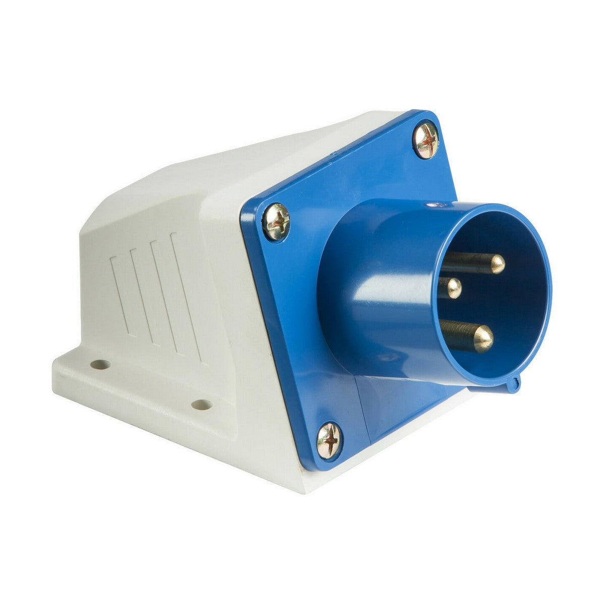 The image displays a rugged 16A Appliance Inlet, a blue and white industrial electrical connector with a three-pin socket and 240V capacity. It features an IP44 rating for protection, mounted on a rectangular white base with screw holes for easy installation.