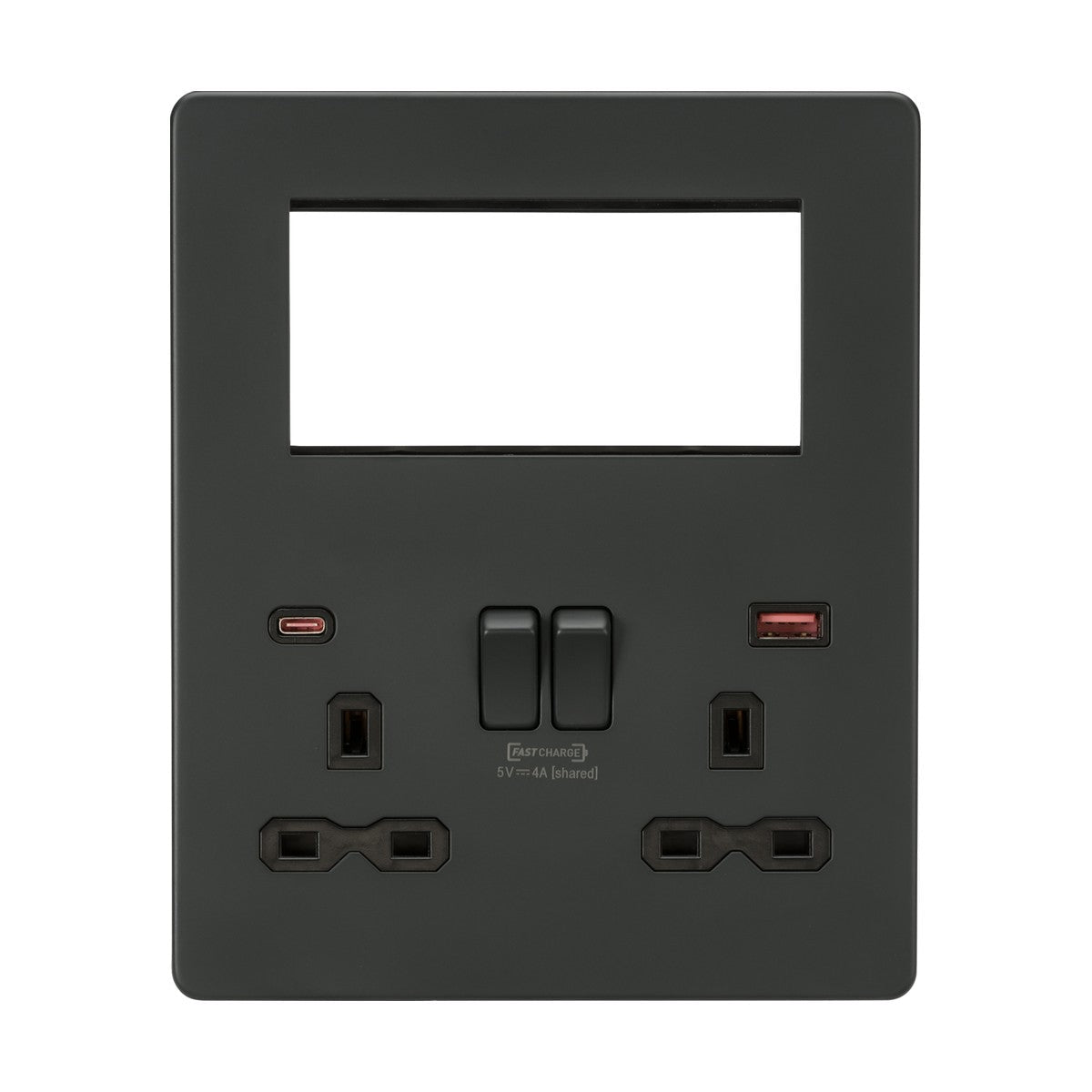 Small Multimedia Combo Plate + Dual USB A+C 12V DC 1.5A (Max. 18W) - Anthracite w/Black Insert