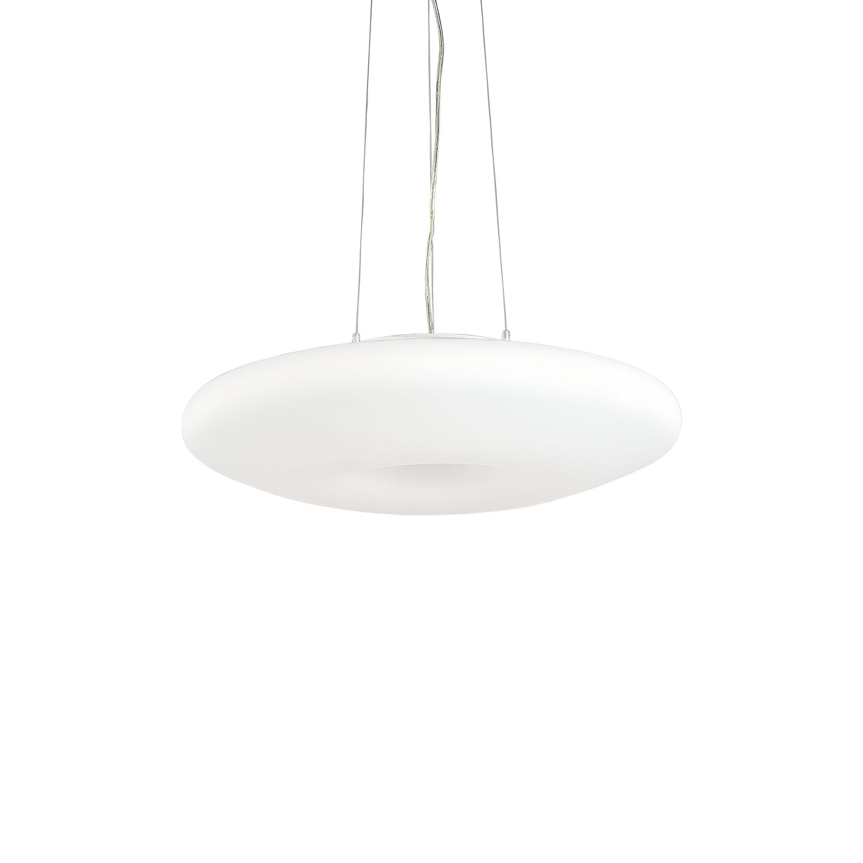 The Hollow 3 Light Pendant in white, with a 40cm diameter, features a modern circular design that emits an ambient glow from the ceiling, suspended by three slender wires. Its sleek and minimalist style resembles a smooth, flat disc, making it the ideal choice for enhancing contemporary interiors. The simple white background highlights the fixture's elegance.