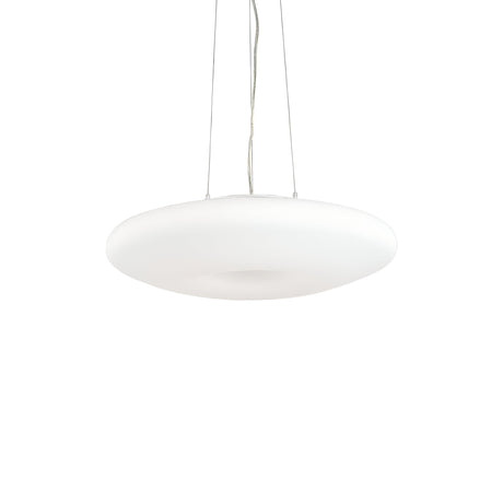 The Hollow 3 Light Pendant in white, with a 40cm diameter, features a modern circular design that emits an ambient glow from the ceiling, suspended by three slender wires. Its sleek and minimalist style resembles a smooth, flat disc, making it the ideal choice for enhancing contemporary interiors. The simple white background highlights the fixture's elegance.