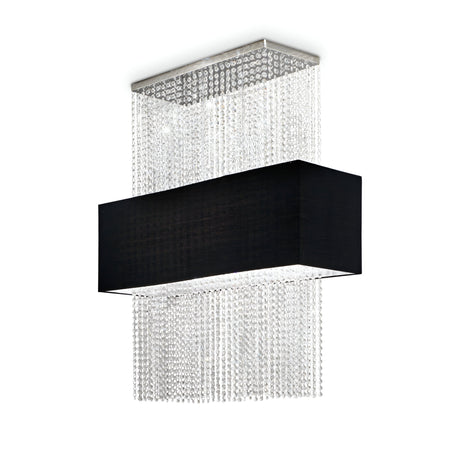 Illuminate your space with the Lustrous Crystal 5 Light Ceiling Chandelier, showcasing a modern rectangular design with a chic black frame. Delicate cascades of crystal-like beads enhance its elegance, perfectly complementing a white setting for an atmosphere of true sophistication.