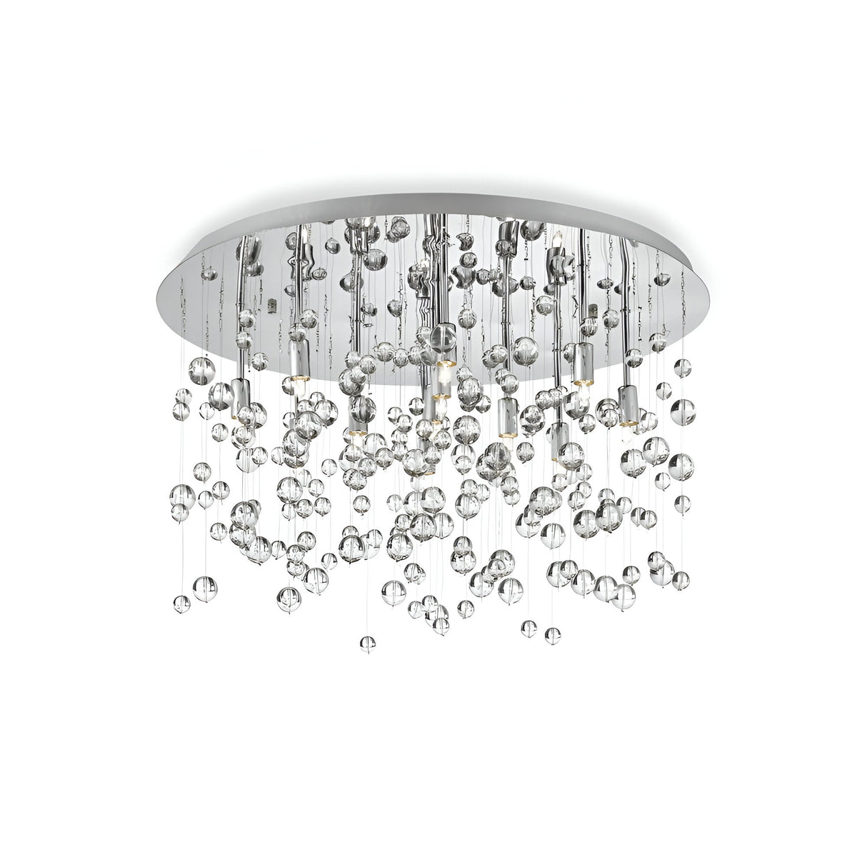 The Illusis 8 Light Glass Semi Flush Chandelier in chrome showcases a circular, ceiling-mounted design with numerous hanging glass spheres of varying sizes that create a cascading effect. This contemporary lighting piece beautifully reflects light, adding sparkle and elegance to any setting.