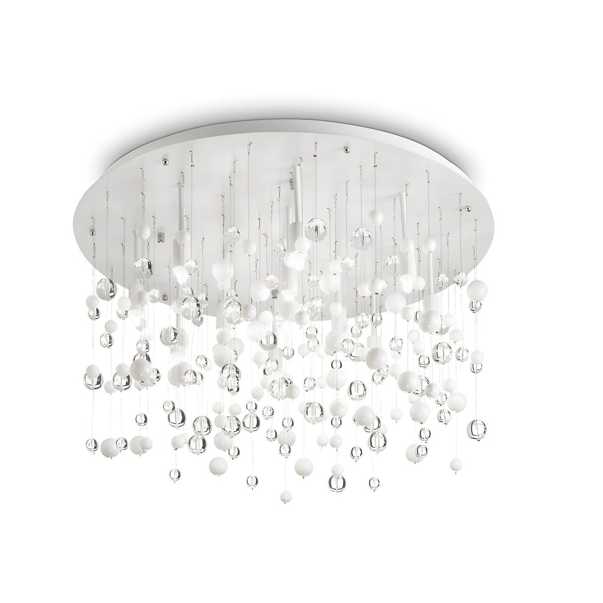 The Illusis 12 Light Glass Semi Flush Chandelier - White, a pinnacle of contemporary design, showcases several small spherical pendants in white and clear glass. These gracefully suspend from slender wires connected to a circular base, offering a modern twist on the classic luxury chandelier with its sophisticated elegance.