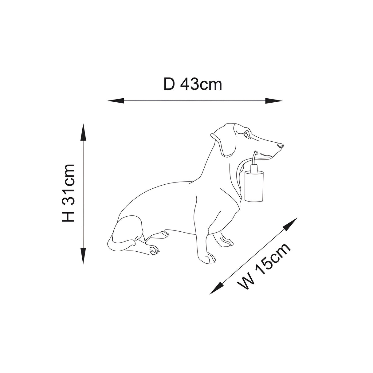 Bevworth Table Lamp in Black: dachshund-shaped resin base with matt black E27 lamp holder, line drawing showing H31cm, D43cm, W15cm dimensions.