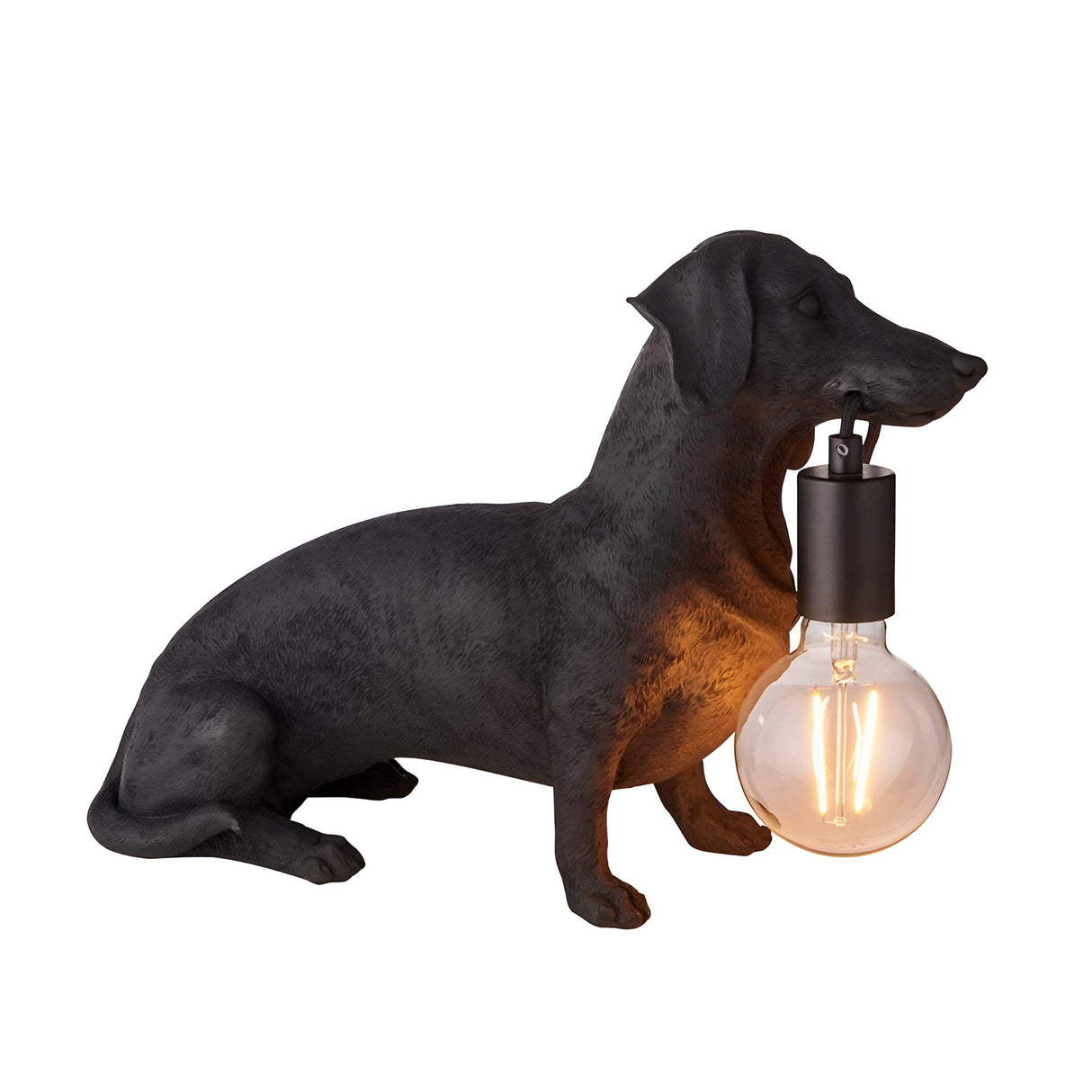 Bevworth Table Lamp in Black, a resin dachshund-shaped base holding an exposed E27 filament bulb near its mouth, matt black finish, on a plain white background.