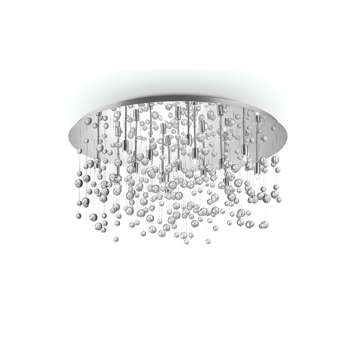 Introducing the Illusis 15 Light Glass Semi Flush Chandelier - Chrome, a ceiling-mounted masterpiece with a round silver base. It showcases an array of crystal or glass spheres in various sizes, creating a luxurious cascading waterfall effect that elegantly reflects light.
