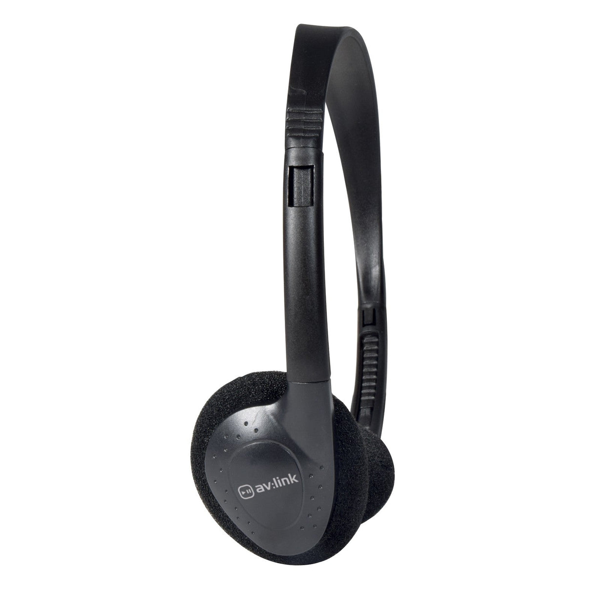 AV:Link SH30T Stereo TV Headphones in black feature cushioned on-ear ear pads, an adjustable headband, and an inline volume control for easy adjustments. The brand logo is displayed on the left ear cup.