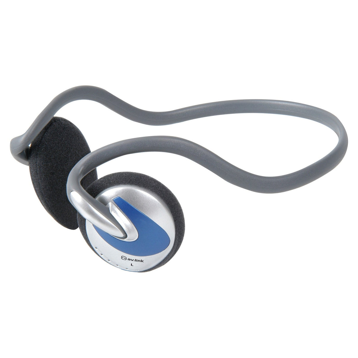 A pair of lightweight wireless headphones featuring a sleek and modern design, the AV:Link SH30N Neckband Stereo Headphones come in silver with a curved neckband. The padded earpieces ensure comfort, while the Mylar speakers deliver exceptional sound quality.