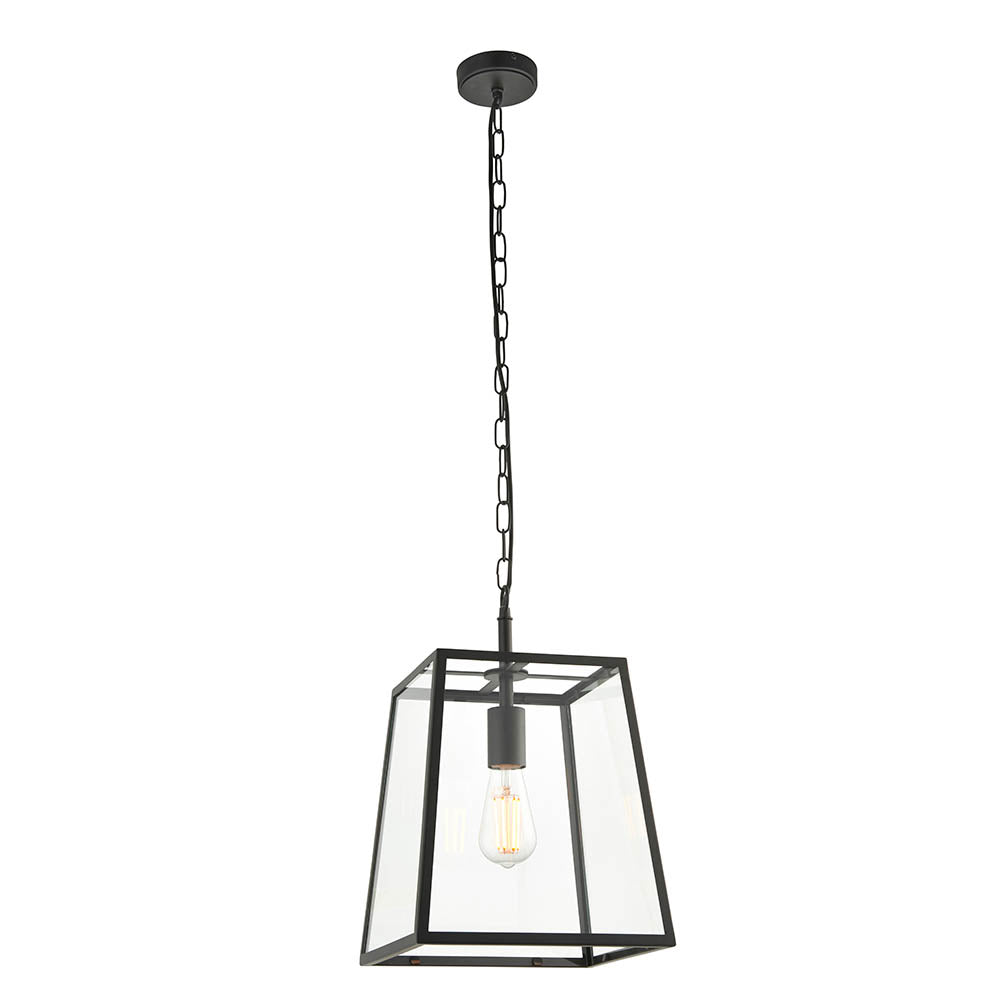 Brenton Lantern Pendant in black, a tapered box-style glass and metal shade on a black chain, shown with a filament bulb against a plain white background.