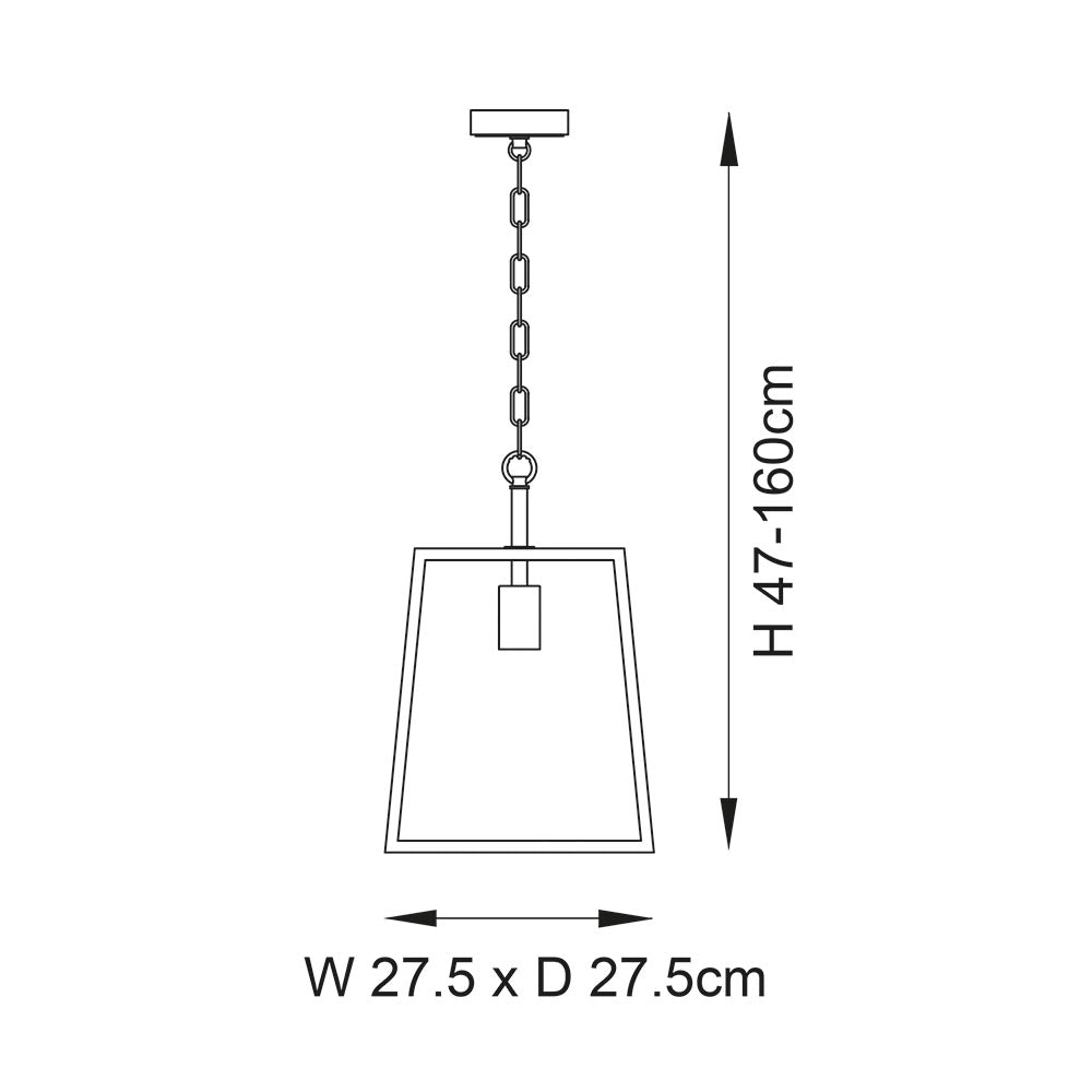 Technical line drawing of the black Brenton Lantern Pendant, showing chain suspension, tapered box-lantern frame, and dimensions W27.5 x D27.5 x H47-160cm.