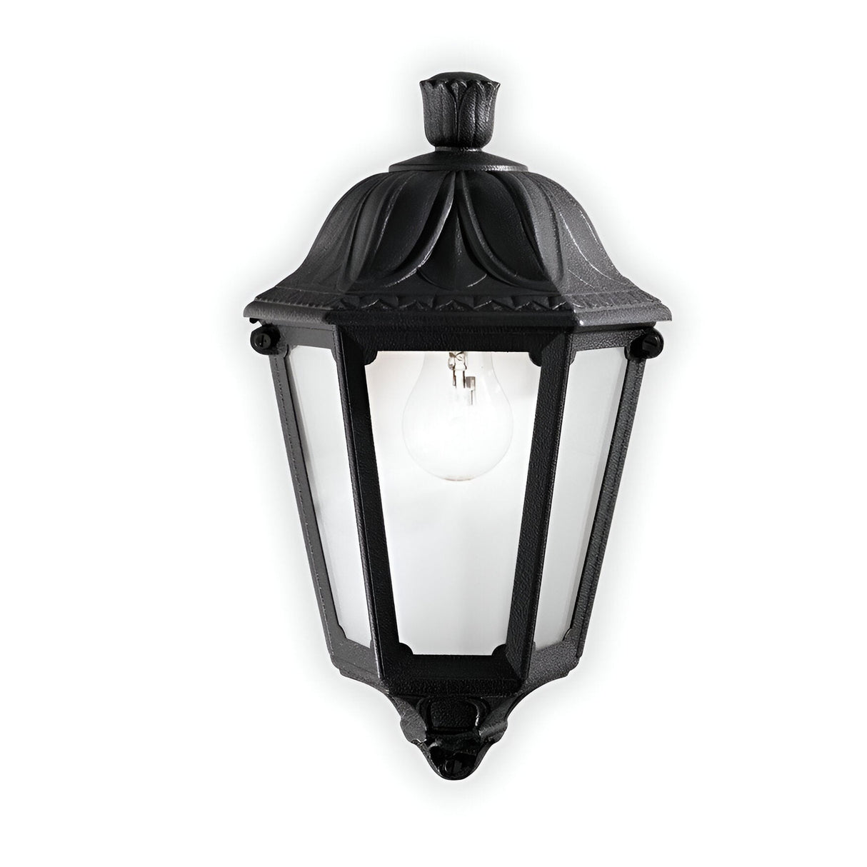 The Gaze Small Outdoor Wall Light in black boasts a vintage style, clear glass enclosure with visible bulb, UV-treated resin construction, and is displayed against a white background.