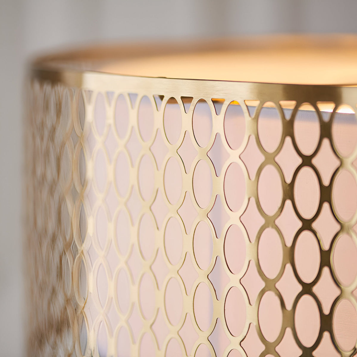 Close-up of the Rosaline 3 Light Pendant showing gold fretwork with an ovoid pattern over a white fabric inner shade.