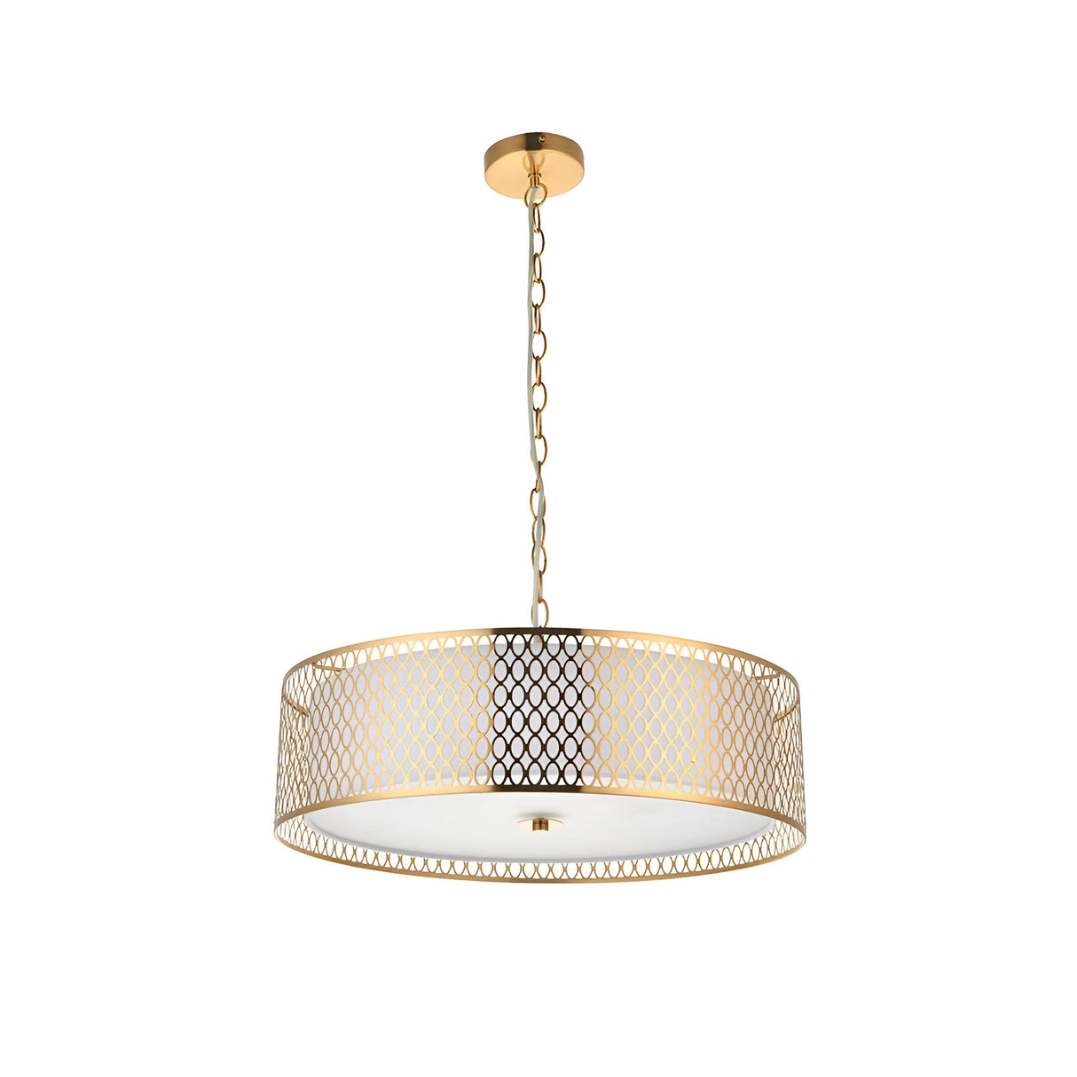 Rosaline 3-light gold pendant with drum-shaped fretwork shade, white fabric inner lining, and frosted glass diffuser, hung on a chain.