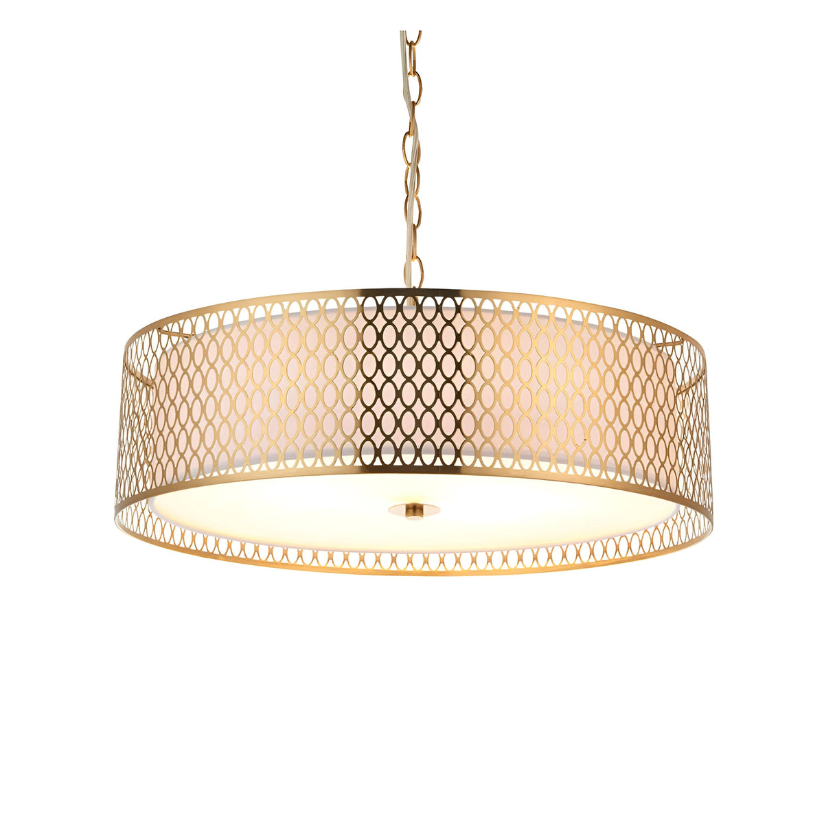 Rosaline 3-light pendant with gold fretwork metalwork, white fabric inner shade, and frosted glass diffuser, hung on a gold chain.