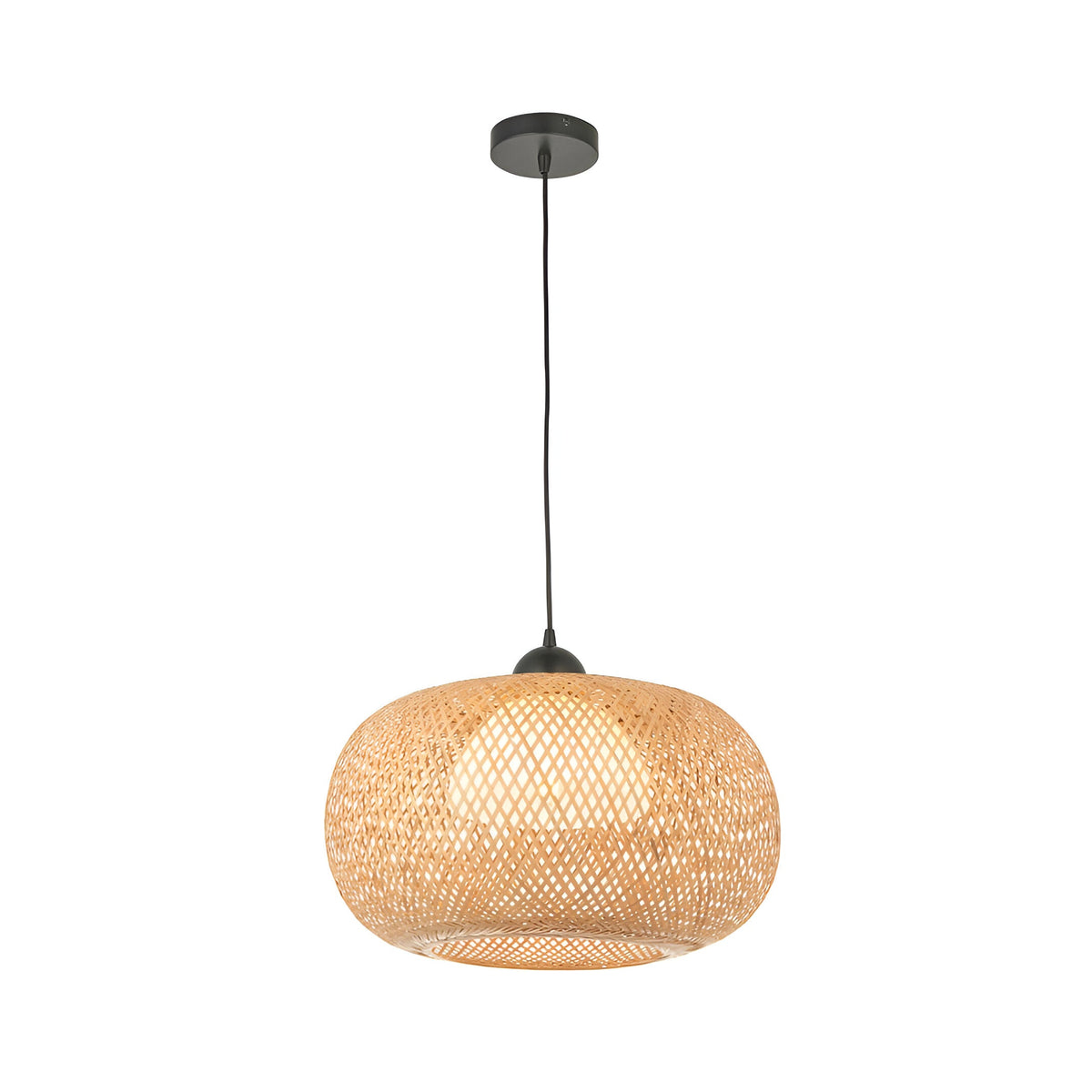 Endon Aldstead Globe Pendant in natural woven rattan with a rounded shade, matt black ceiling fitting and flex, shown on a plain white background.