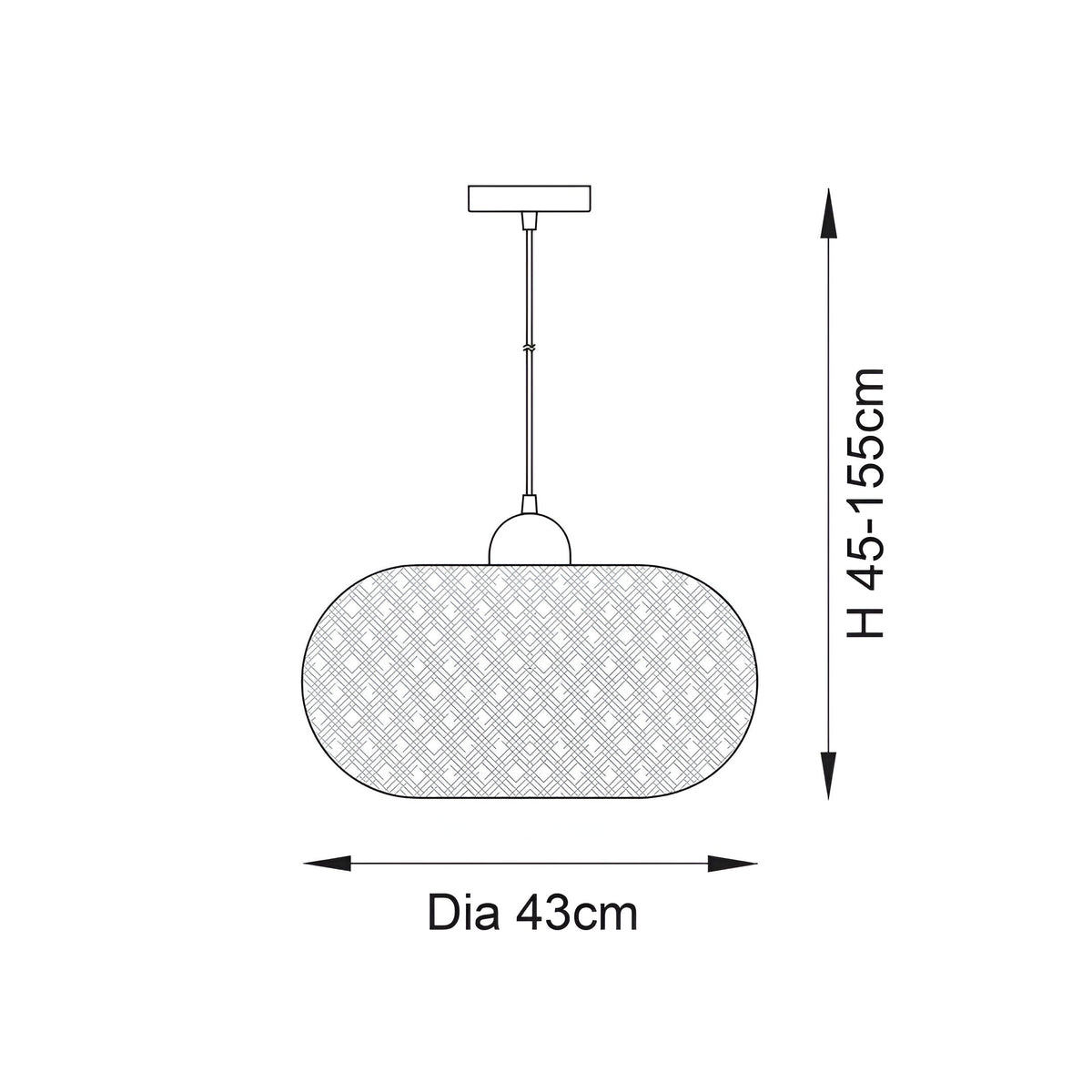 Dimension diagram of Endon Aldstead Globe Pendant in natural, showing 43cm diameter shade and adjustable 45–155cm drop height.