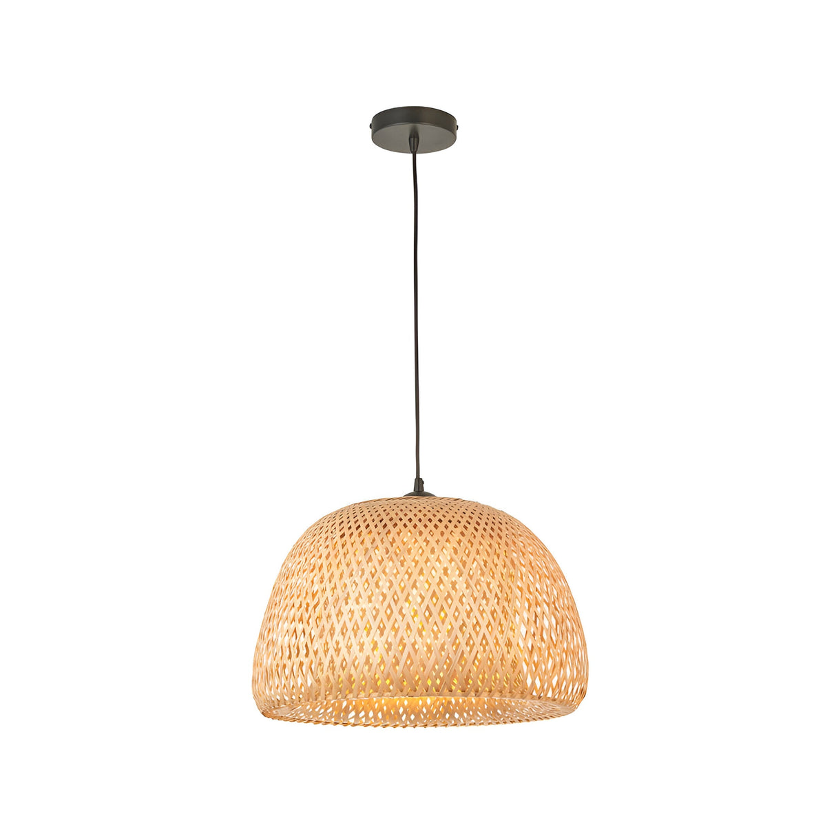 Aldstead Oval Pendant in natural woven rattan with a domed shade, matt black ceiling rose and cable, shown on a plain white background.