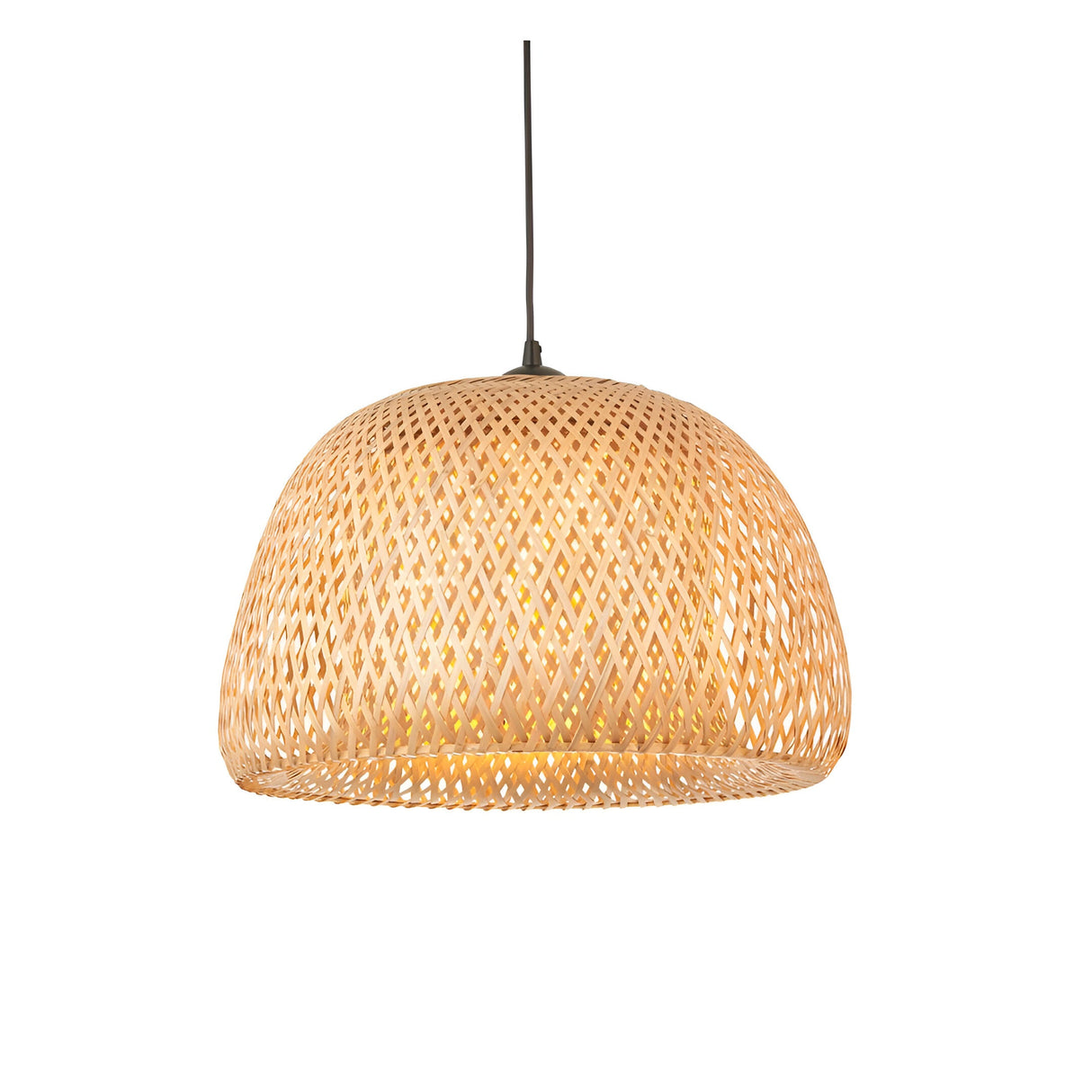 Aldstead Oval Pendant in Natural, a woven rattan dome-shaped shade with black metal fitting and cord, shown lit against a plain white background.
