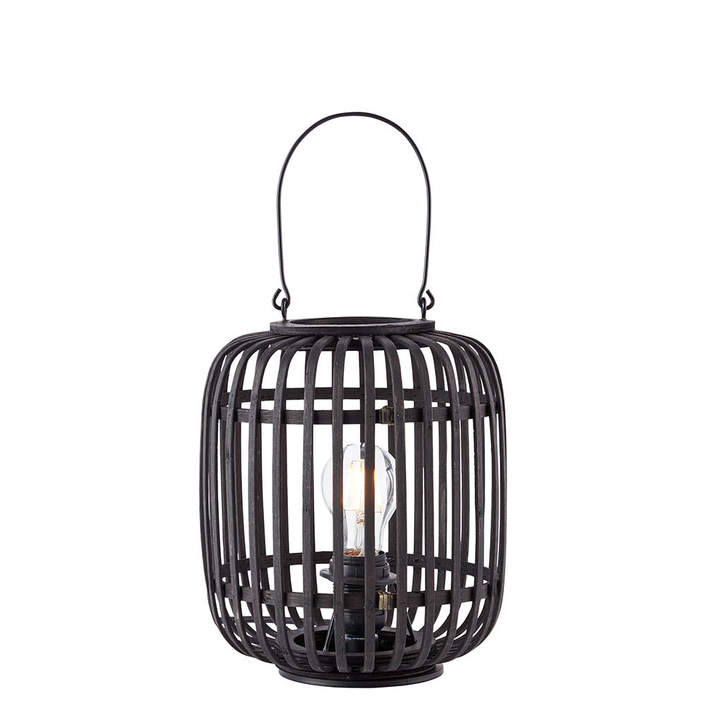 Endon Bracken table lamp with dark stained bamboo cage frame, matt black metalwork, arched carry handle and visible filament E27 bulb, on a white background.