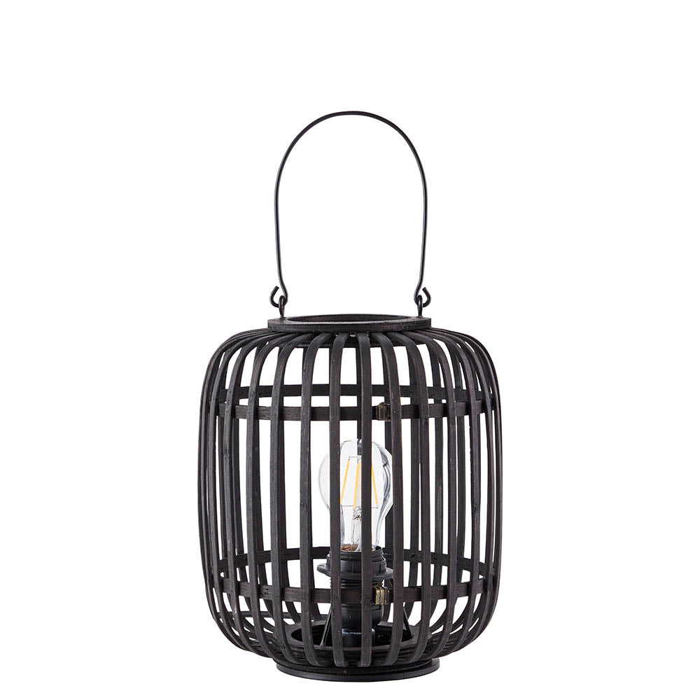 Endon Bracken table lamp in black with an open bamboo cage frame, arched carry handle and visible E27 filament bulb, on a white background.