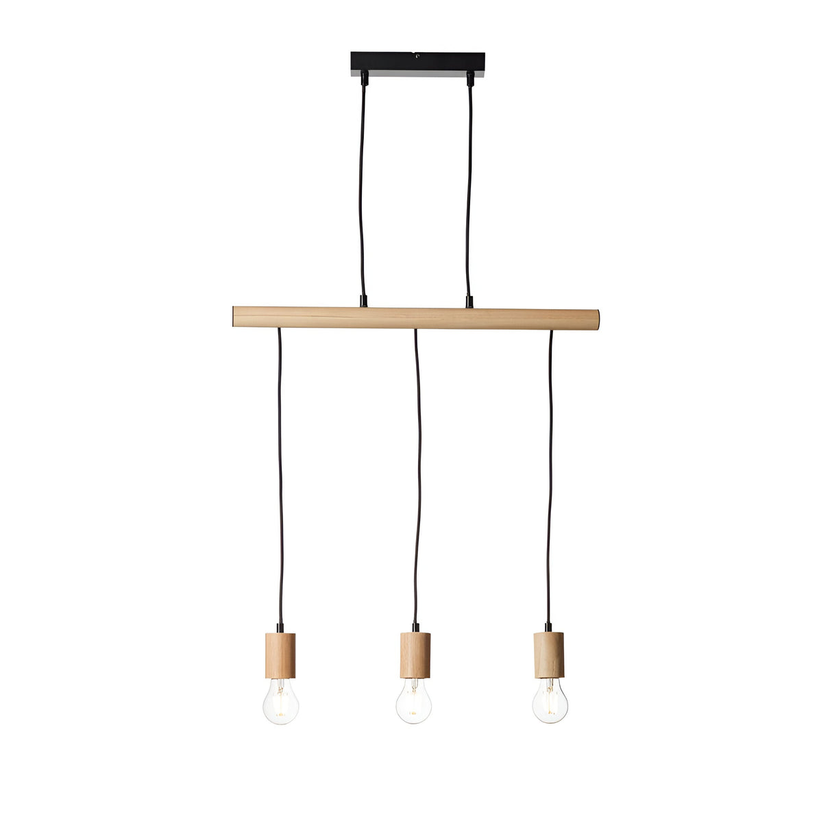 Cranbury 3 Light Linear Pendant with black ceiling mount and natural wood bar, three E27 filament bulbs on black cords, plain white background.