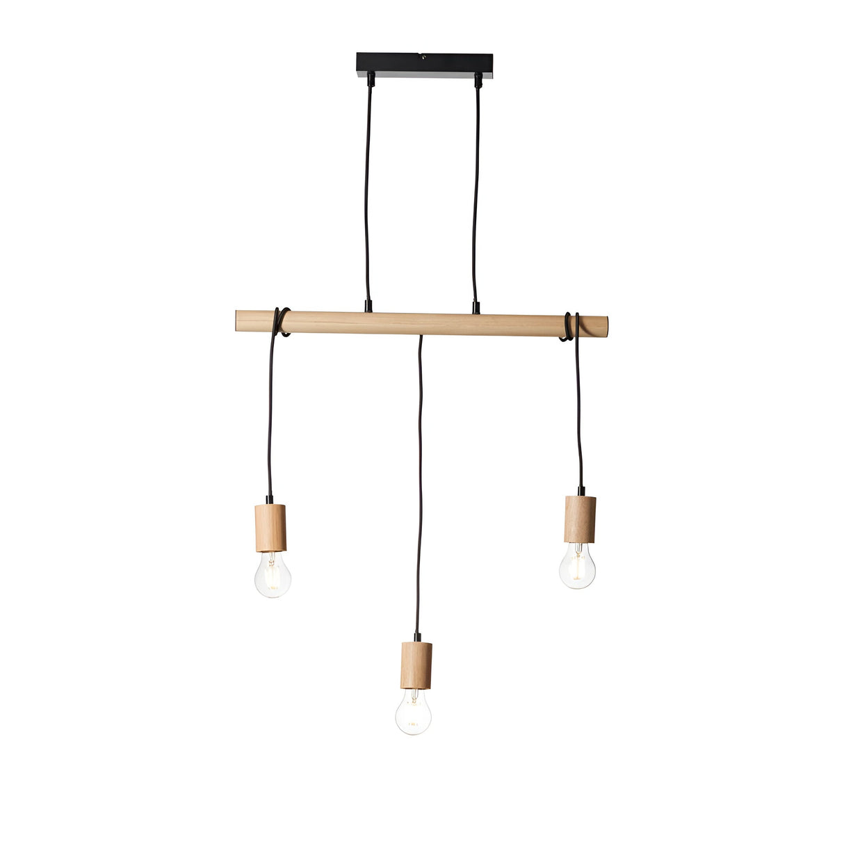 Cranbury 3-Light Linear Pendant with natural wood bar, black ceiling plate, and cable suspension holding three staggered E27 filament bulbs.