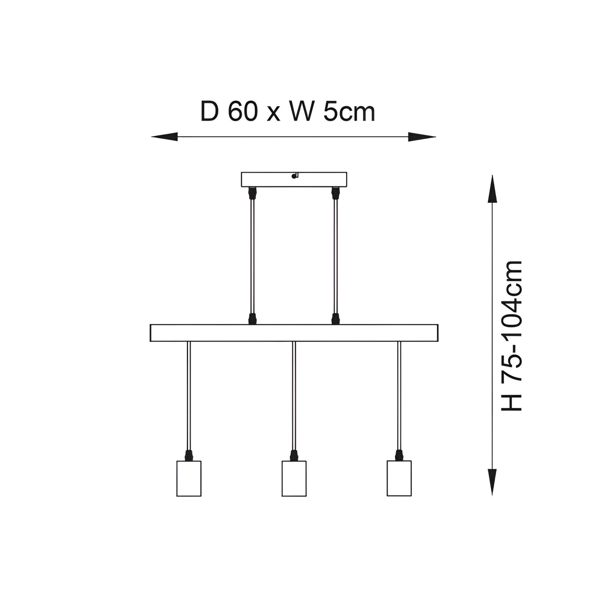Line drawing of the Cranbury 3 light linear pendant showing black and natural wood bars with three E27 sockets, sized D60 x W5cm, drop 75-104cm.