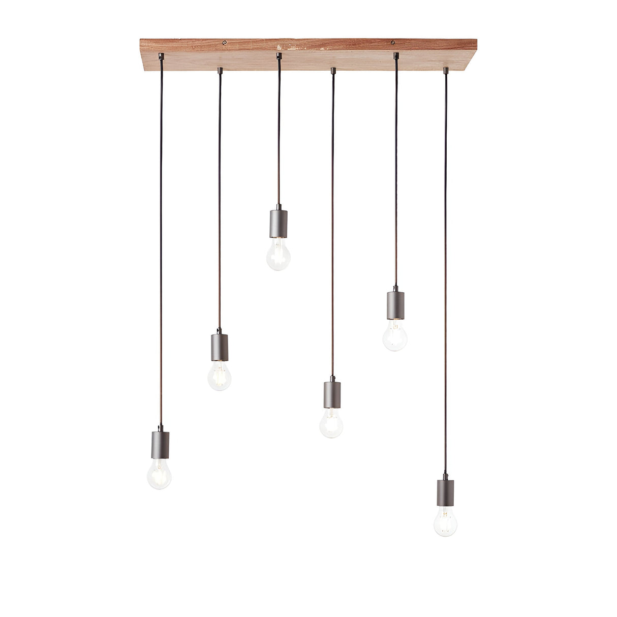 Endon Cliffwell 6 light linear pendant with natural oak plywood bar and six anthracite lampholders on adjustable black flex with exposed filament bulbs.