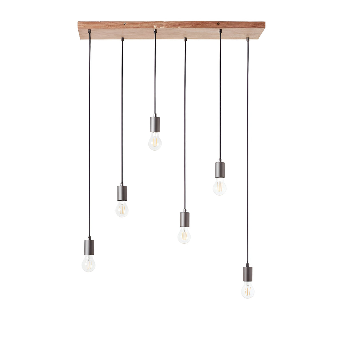 Endon Cliffwell 6 light linear pendant with natural oak stained wood bar and anthracite lampholders on staggered black flex with exposed filament bulbs.